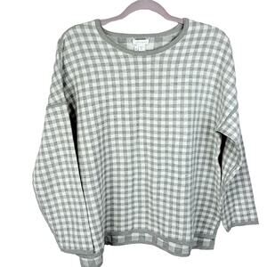 J Jill Grey White Plaid Reversible Gingham Women's Sweater Size Medium Petite